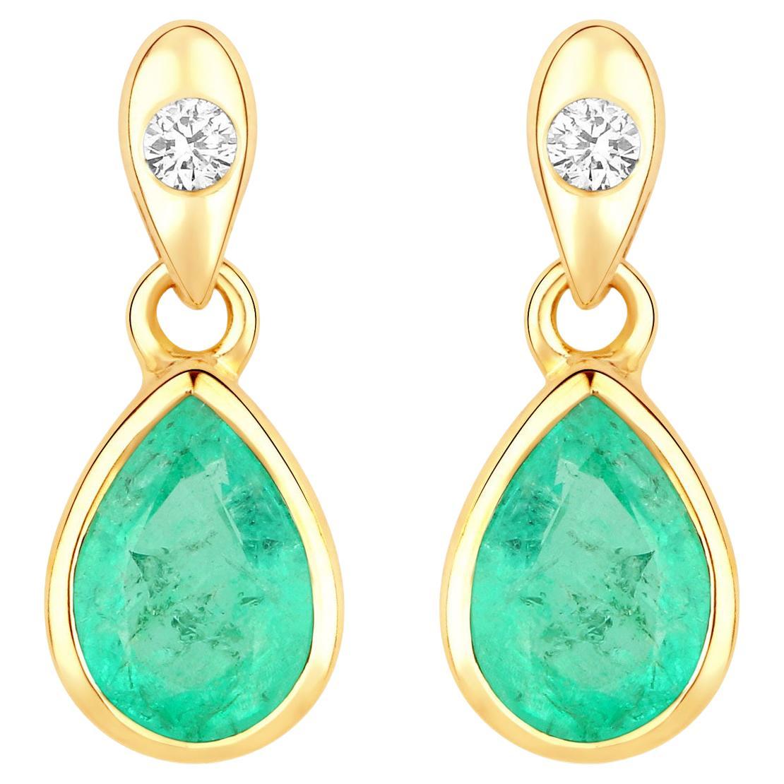 Natural Emerald Earrings With Diamonds 1.32 Carats 14K Yellow Gold