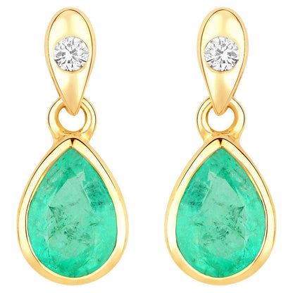 Natural Emerald Earrings With Diamonds 1.32 Carats 14K Yellow Gold