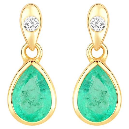 Natural Emerald Earrings With Diamonds 1.32 Carats 14K Yellow Gold