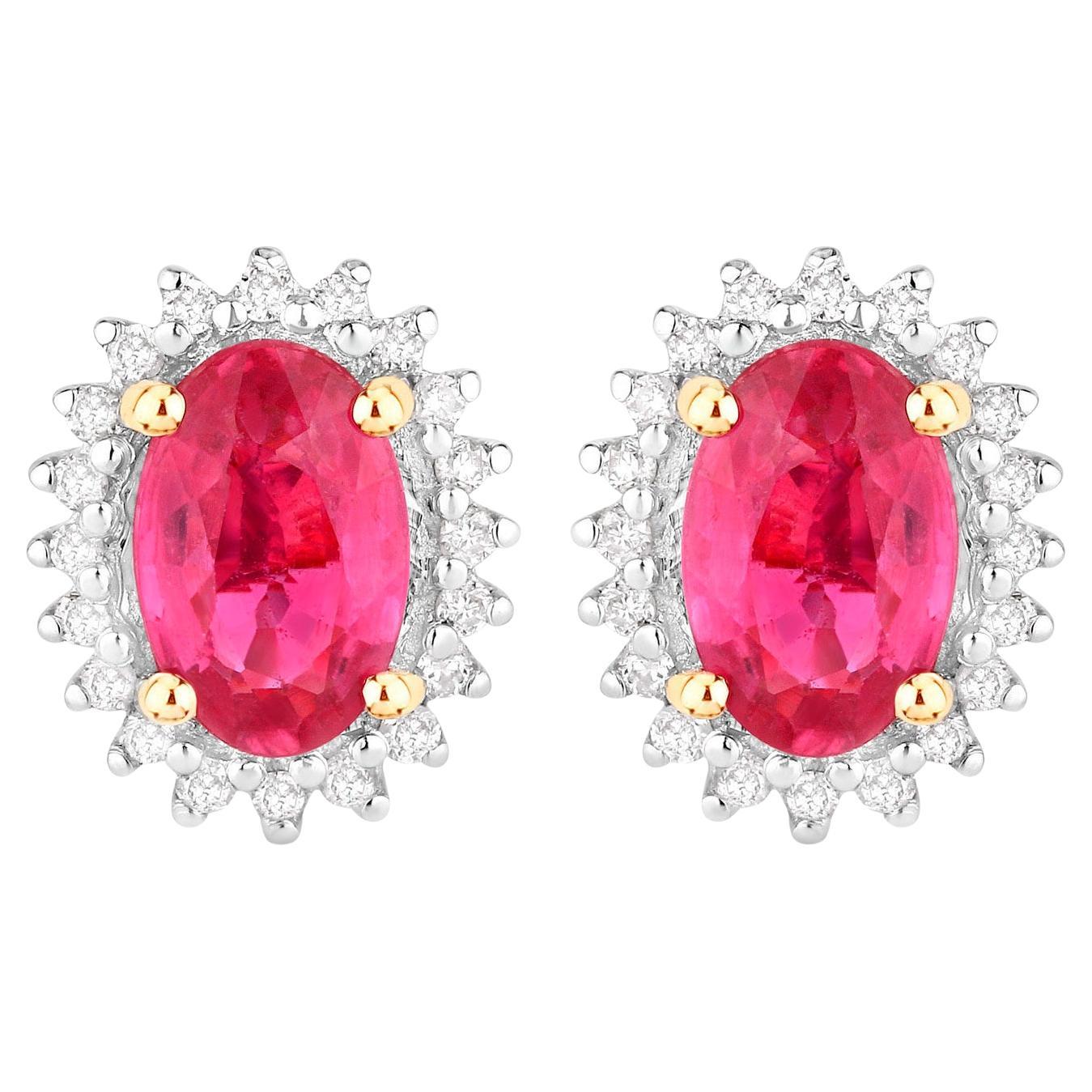 Ruby Halo Stud Earrings Diamonds 1.1 Carats 14K Yellow Gold