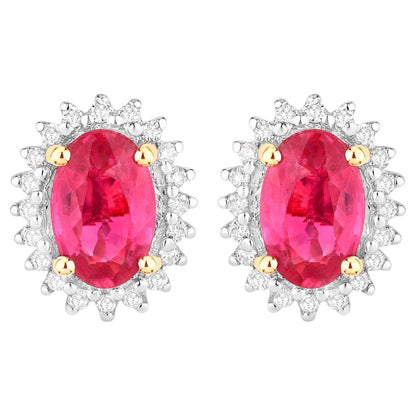 Ruby Halo Stud Earrings Diamonds 1.1 Carats 14K Yellow Gold