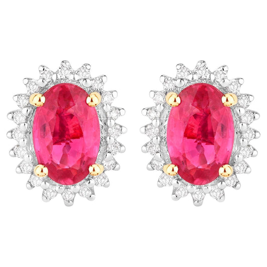 Ruby Halo Stud Earrings Diamonds 1.1 Carats 14K Yellow Gold