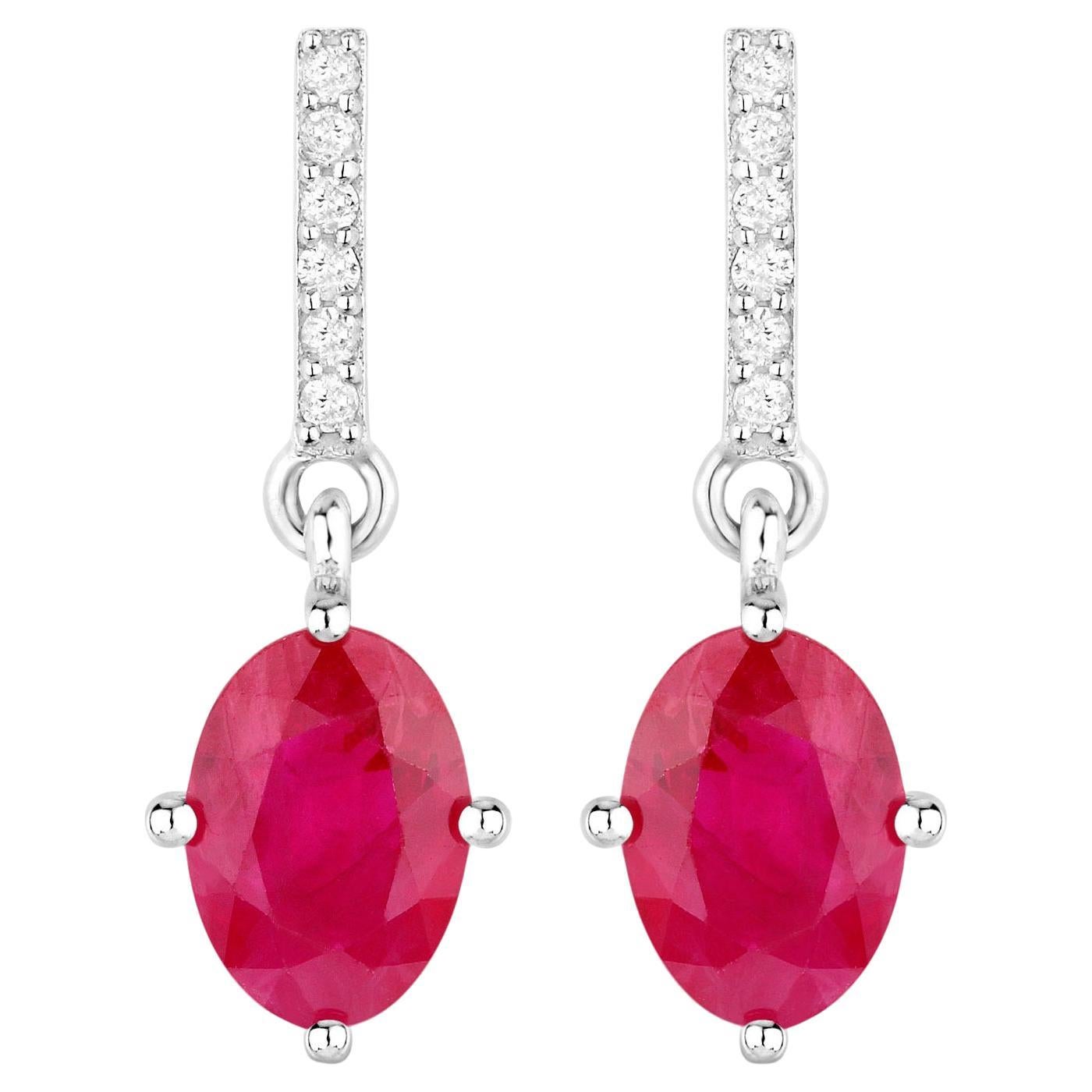Ruby Dangle Earrings Diamonds 1.7 Carats 14K White Gold