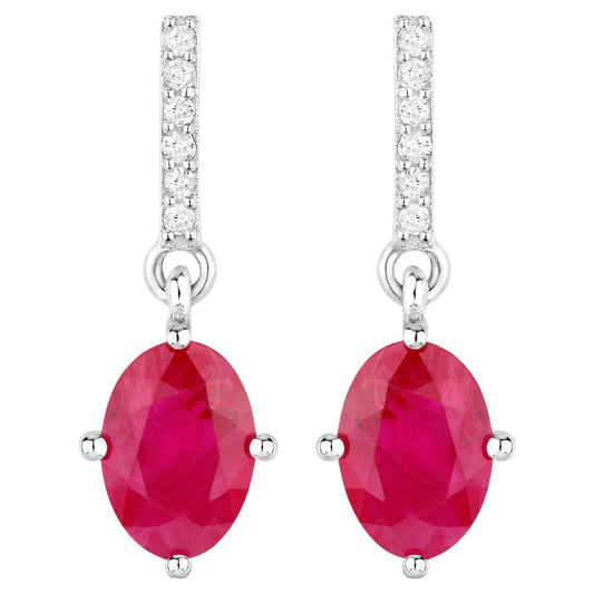 Ruby Dangle Earrings Diamonds 1.7 Carats 14K White Gold