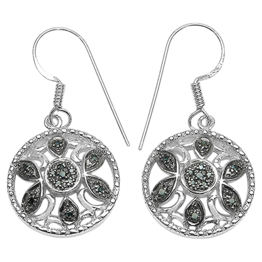 Blue Diamond Flower Earrings 0.12 Carats Sterling Silver