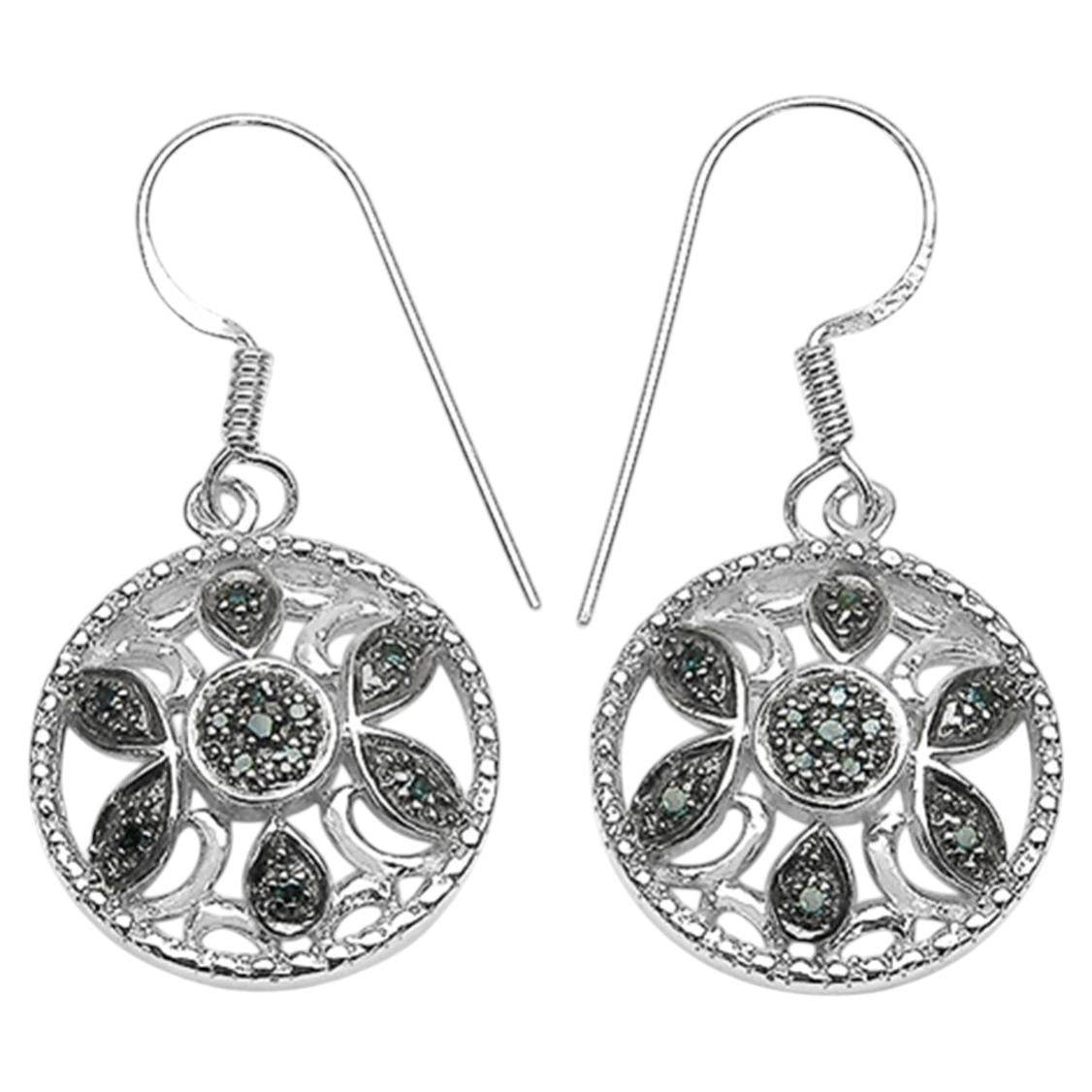 Blue Diamond Flower Earrings 0.12 Carats Sterling Silver