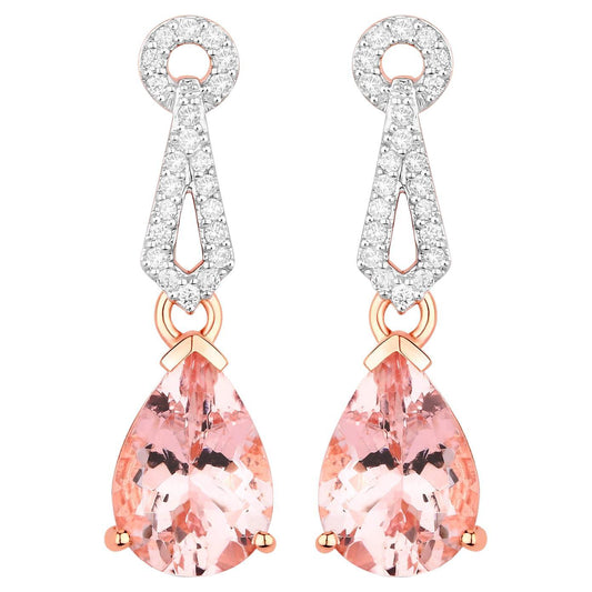 Morganite Drop Earrings Diamond Settings 3.6 Carats Total 14K Gold