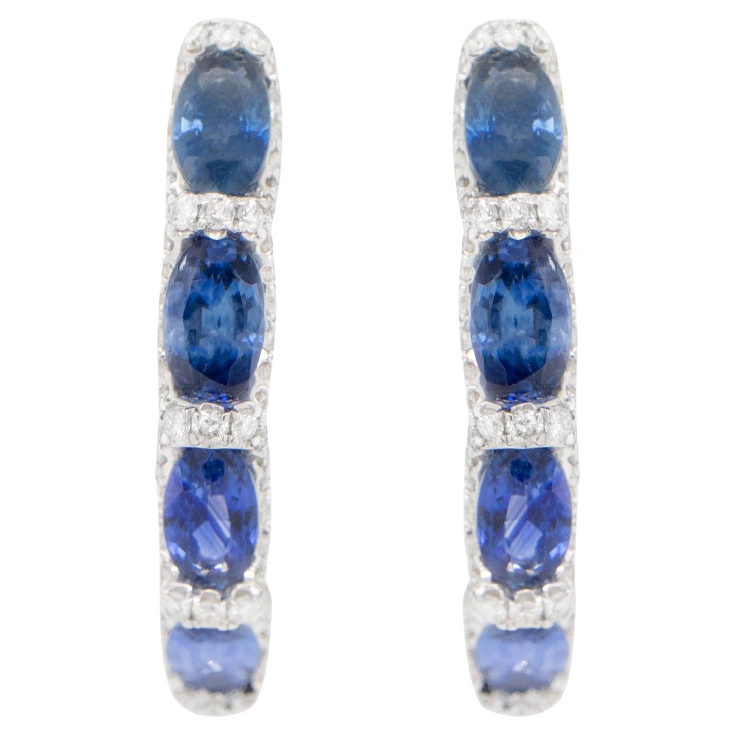 Blue Sapphire and Diamond Hoop Earrings 2.75 Carats 18K White Gold