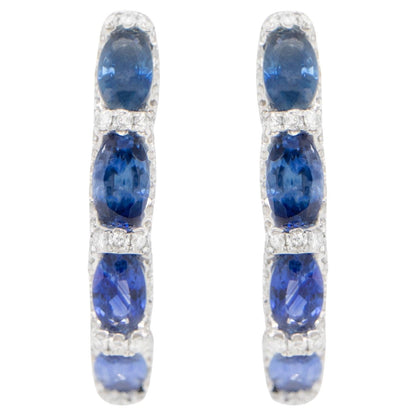 Blue Sapphire and Diamond Hoop Earrings 2.75 Carats 18K White Gold