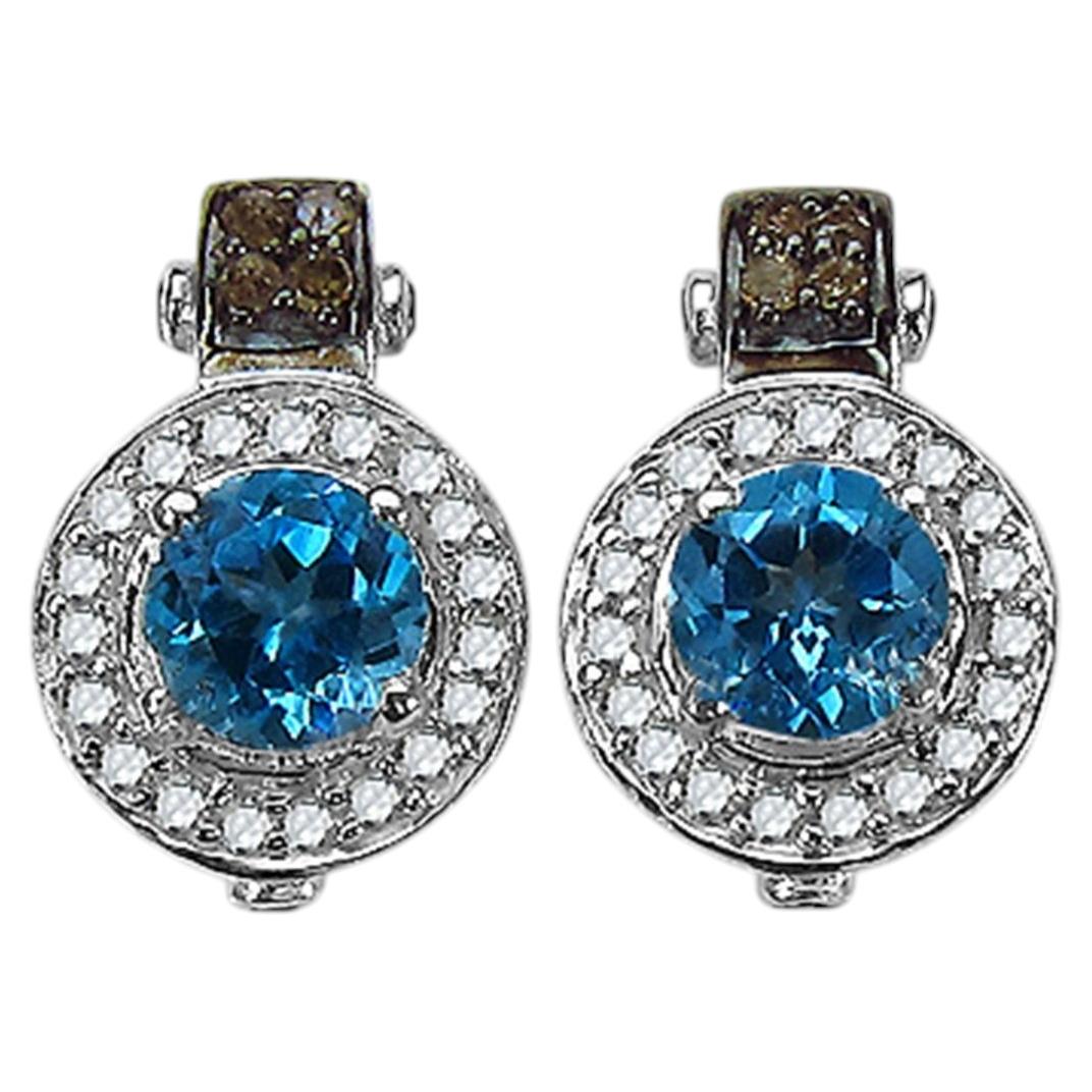 Swiss Blue Topaz Earrings With Diamonds 1.44 Carats Sterling Silver