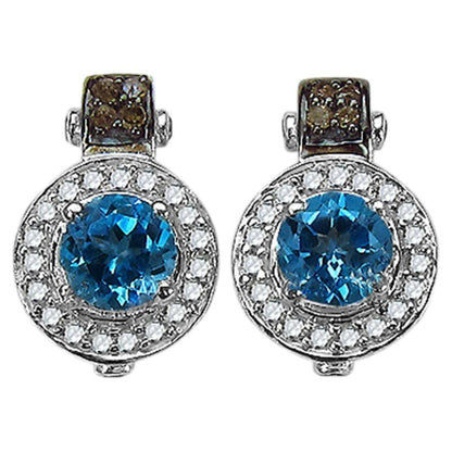 Swiss Blue Topaz Earrings With Diamonds 1.44 Carats Sterling Silver