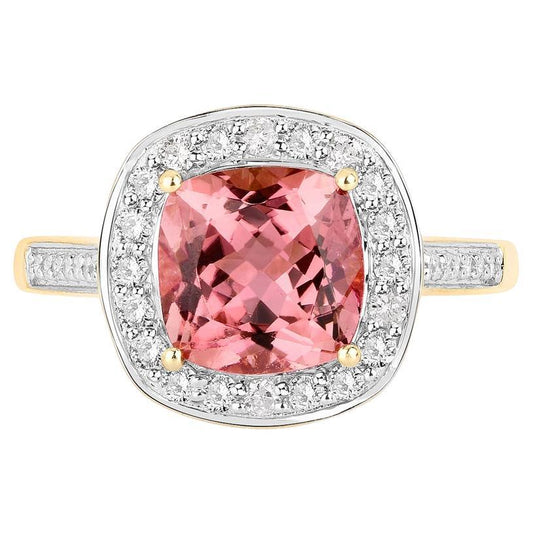 Natural Pink Tourmaline Ring With Diamonds 2.68 Carats 14K Yellow Gold