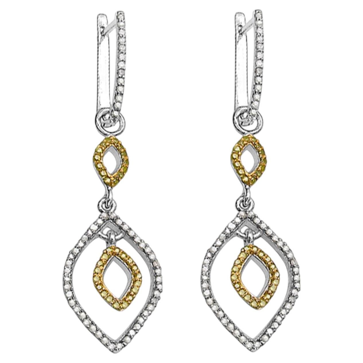 Dangle Earrings With White and Yellow Diamonds 0.88 Carats Sterling Silver