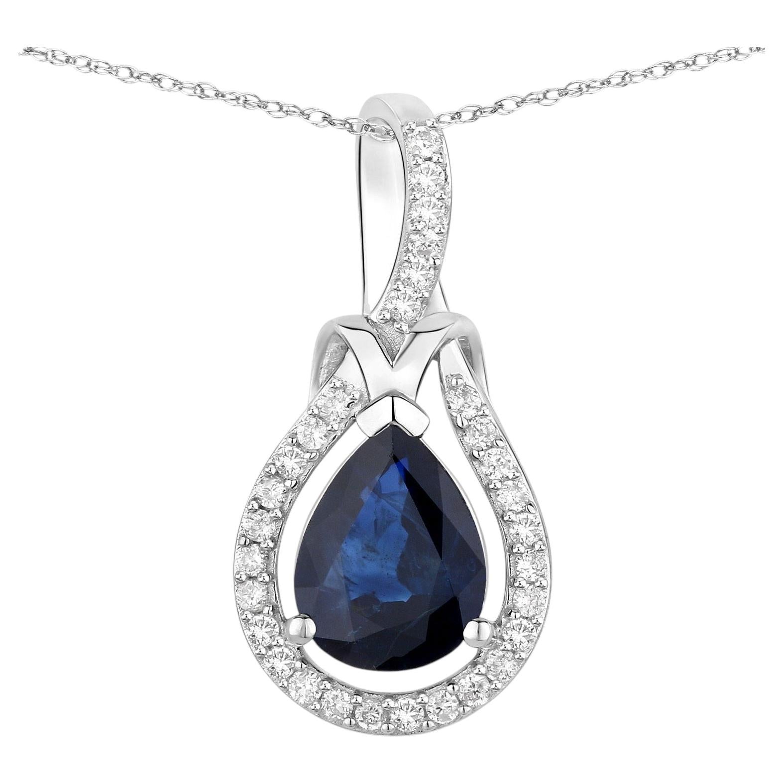 Blue Sapphire Knot Pendant With Diamonds 1.44 Carats 14K White Gold