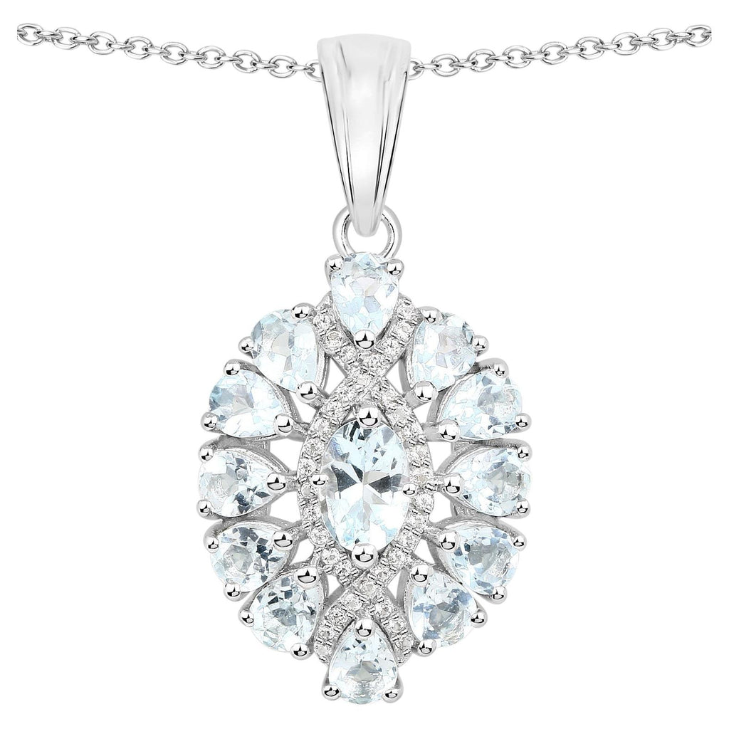 Aquamarine Flower Pendant With White Topaz 1.84 Carats Sterling Silver