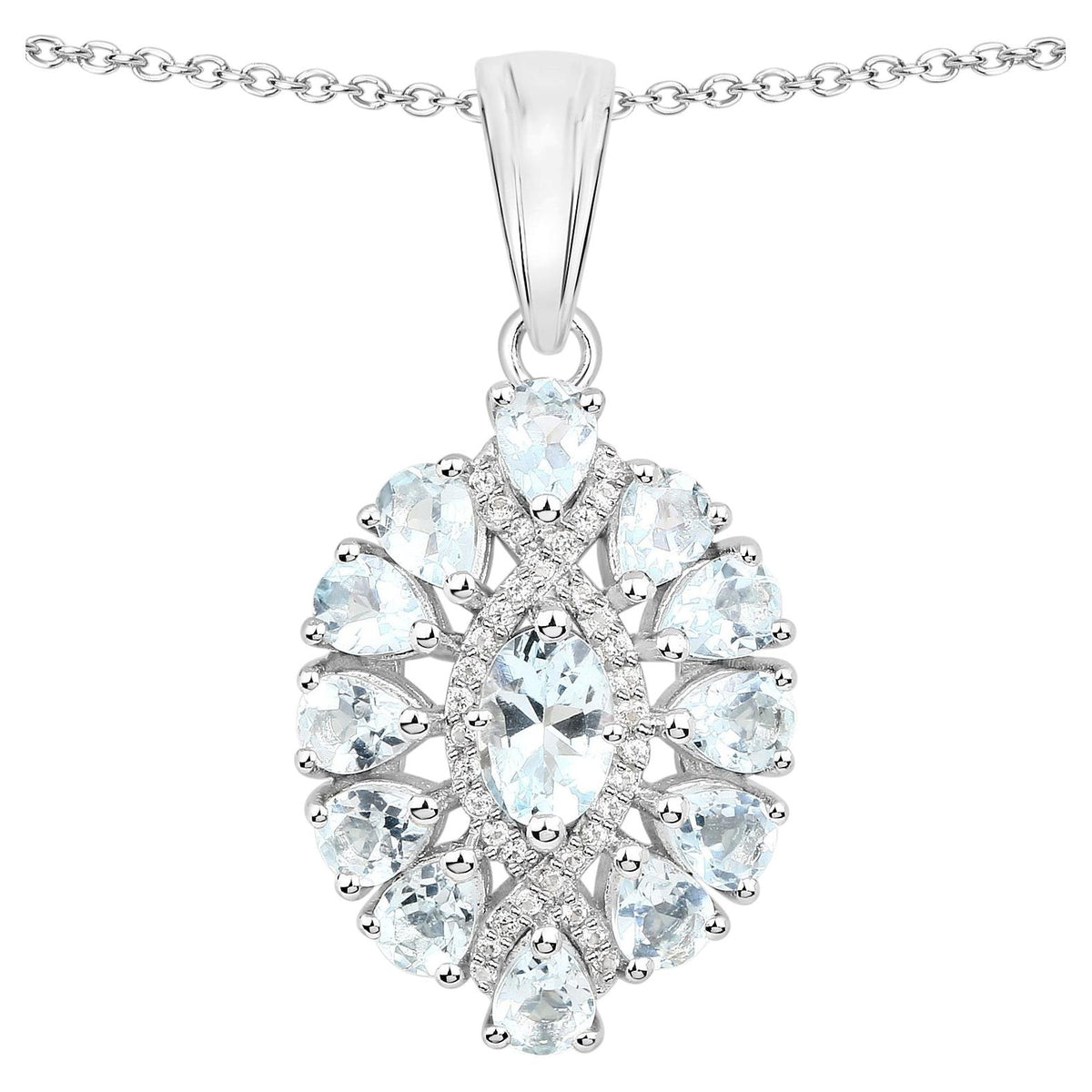Aquamarine Flower Pendant With White Topaz 1.84 Carats Sterling Silver