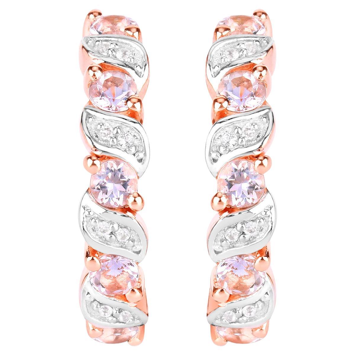 Morganite Hoop Earrings White Topaz 1.02 Carats 18K Rose Gold Plated Silver