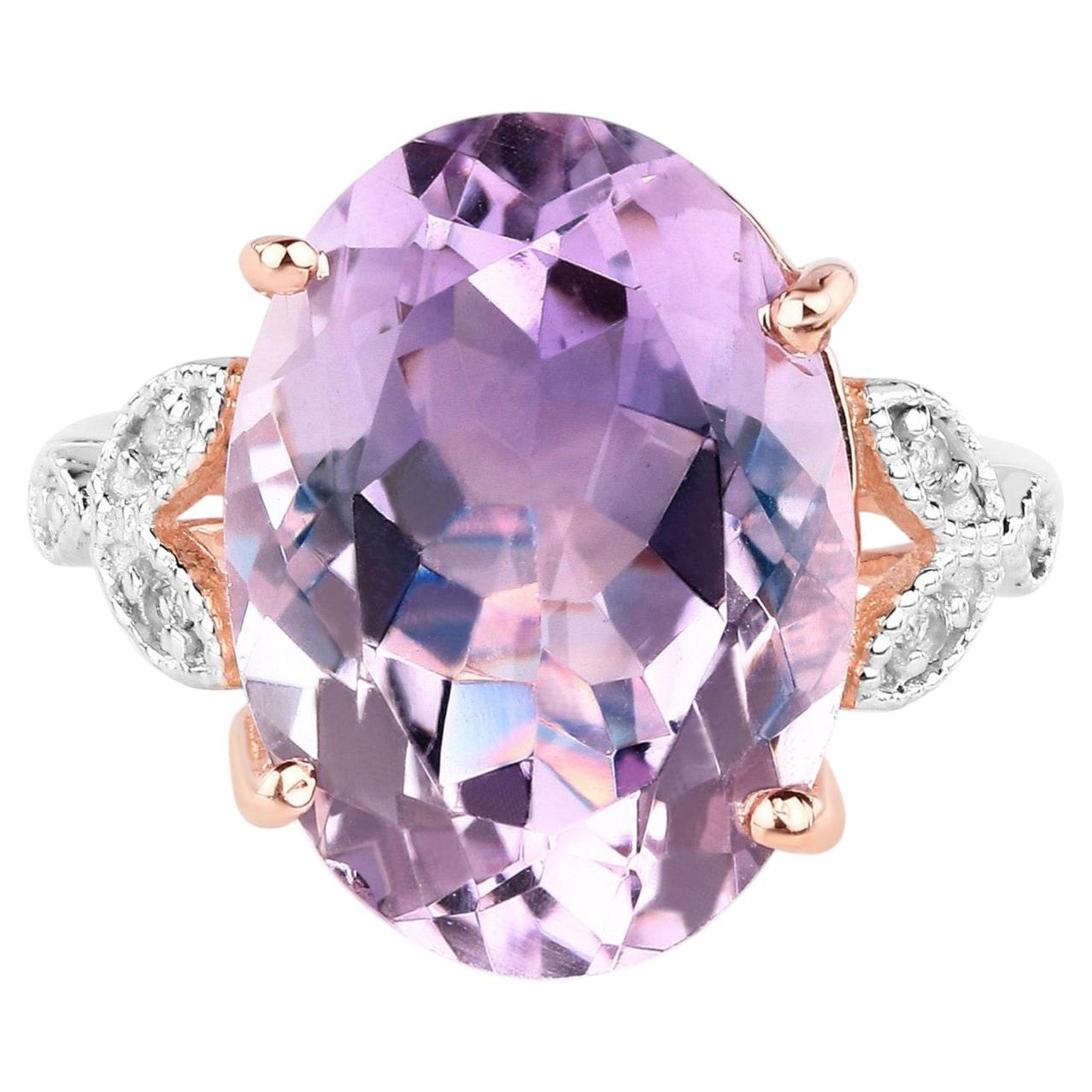 Pink Amethyst Ring With White Topaz 10.4 Carats Gold Plated Silver