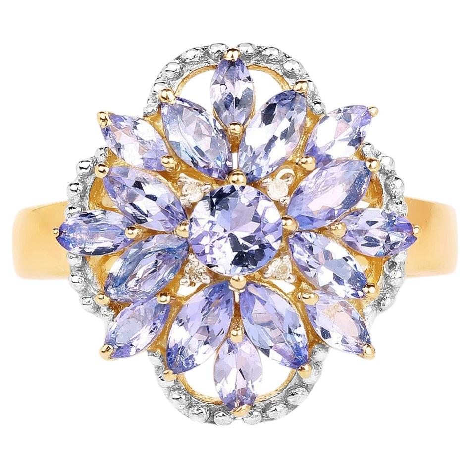 Tanzanite Flower Ring With White Topaz 1.96 Carats Gold Plated Silver