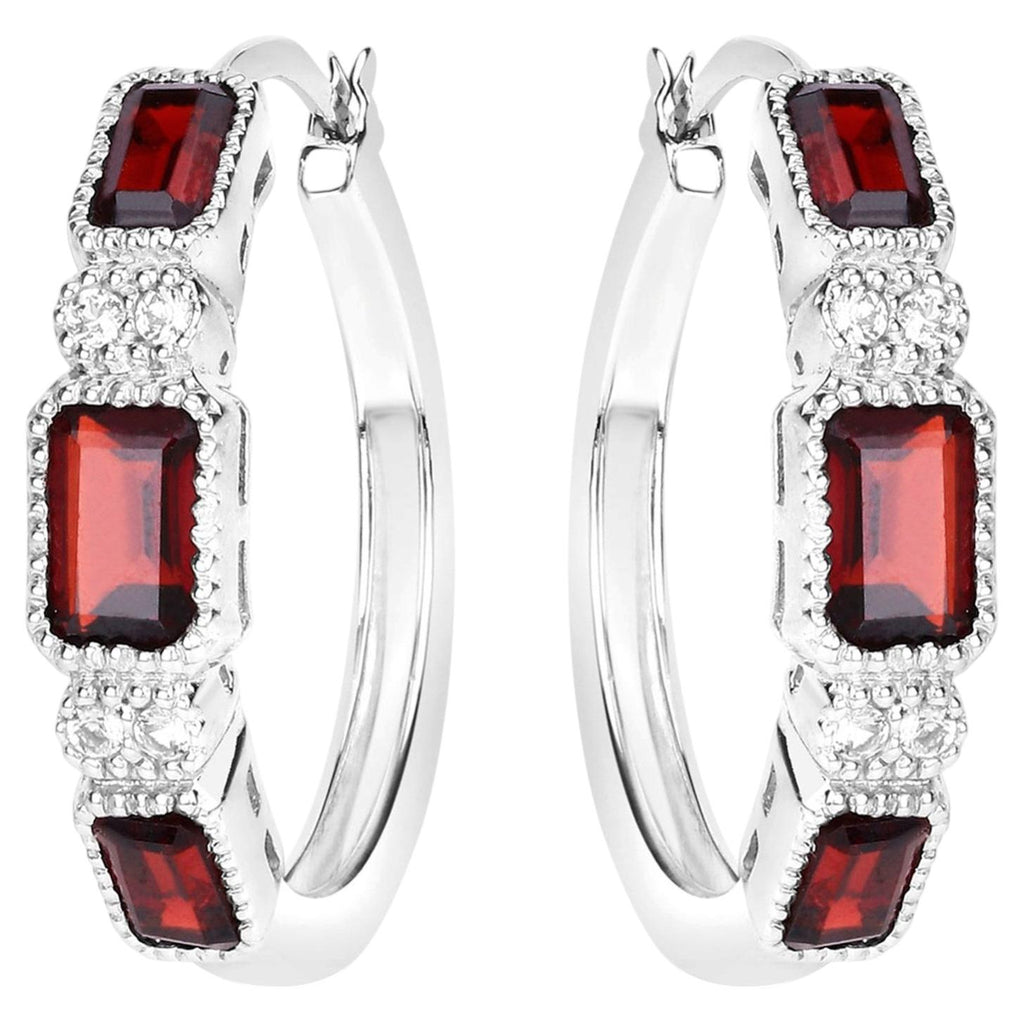 Garnet Hoop Earrings With White Topaz 2.74 Carats Sterling Silver