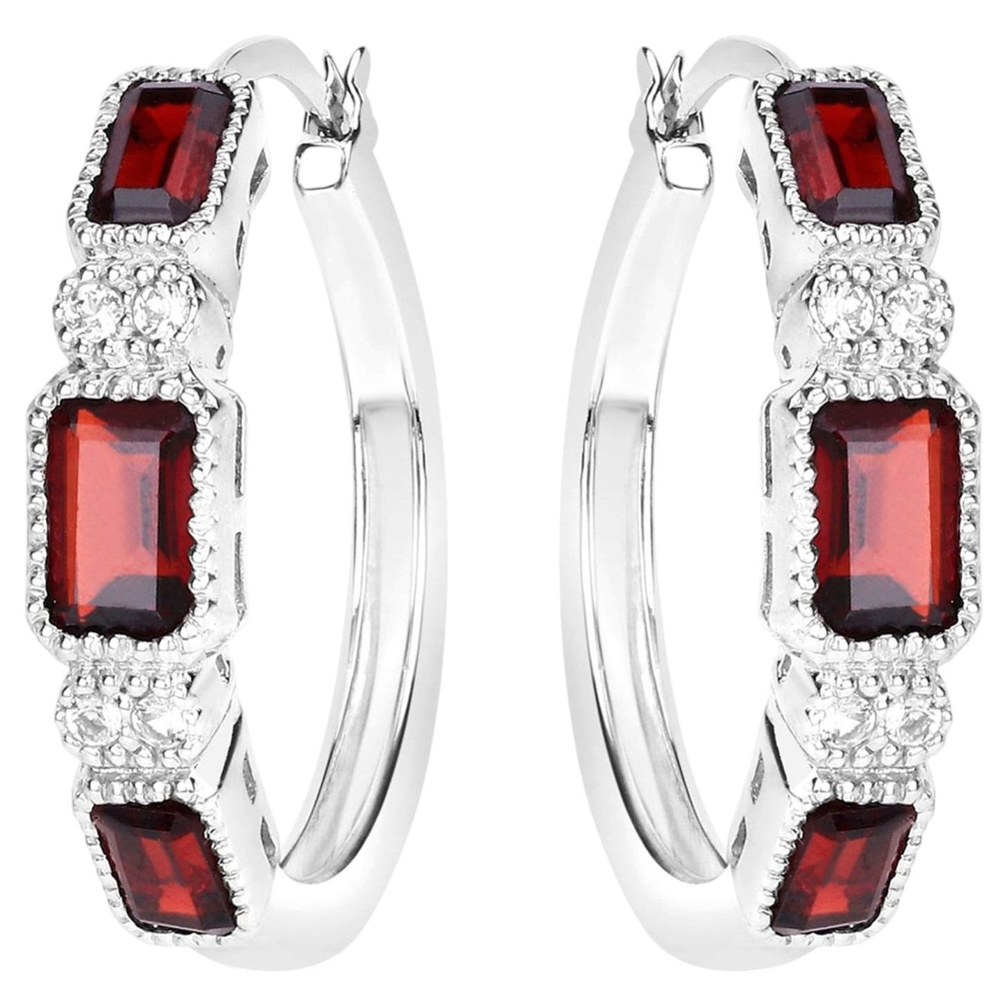 Garnet Hoop Earrings With White Topaz 2.74 Carats Sterling Silver