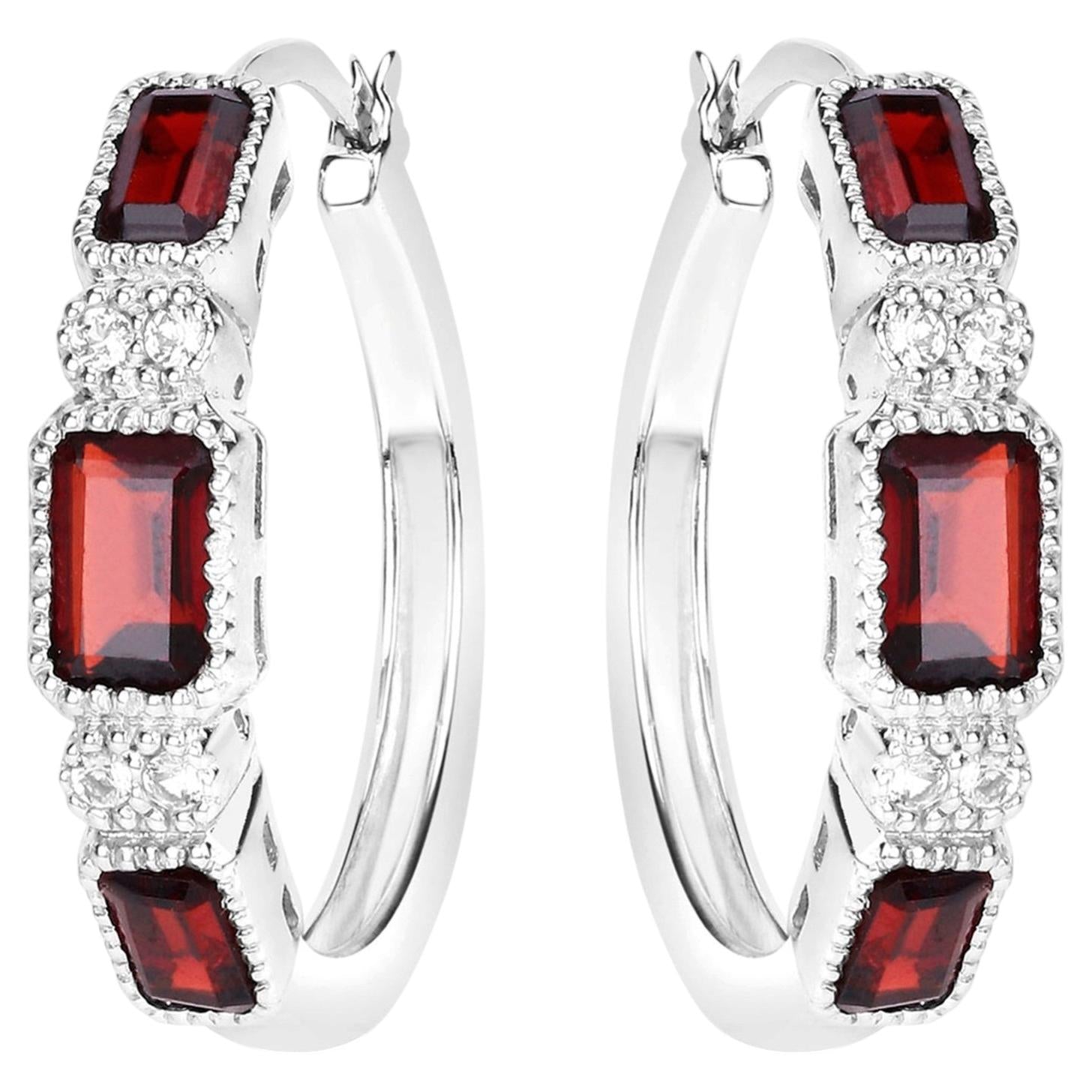 Garnet Hoop Earrings With White Topaz 2.74 Carats Sterling Silver