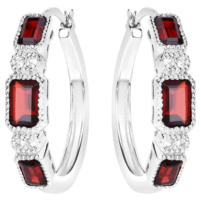 Garnet Hoop Earrings With White Topaz 2.74 Carats Sterling Silver