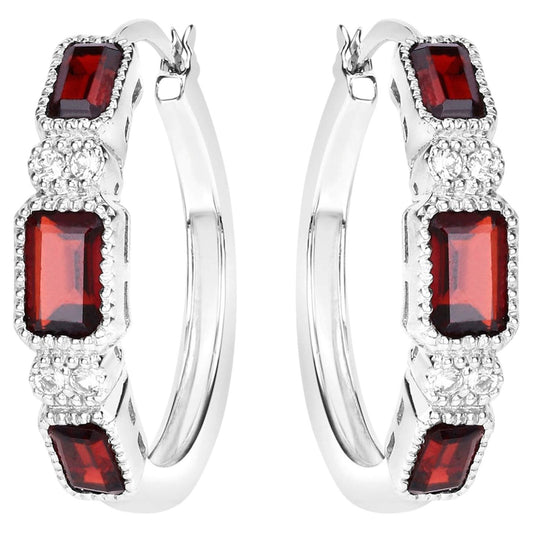 Garnet Hoop Earrings With White Topaz 2.74 Carats Sterling Silver