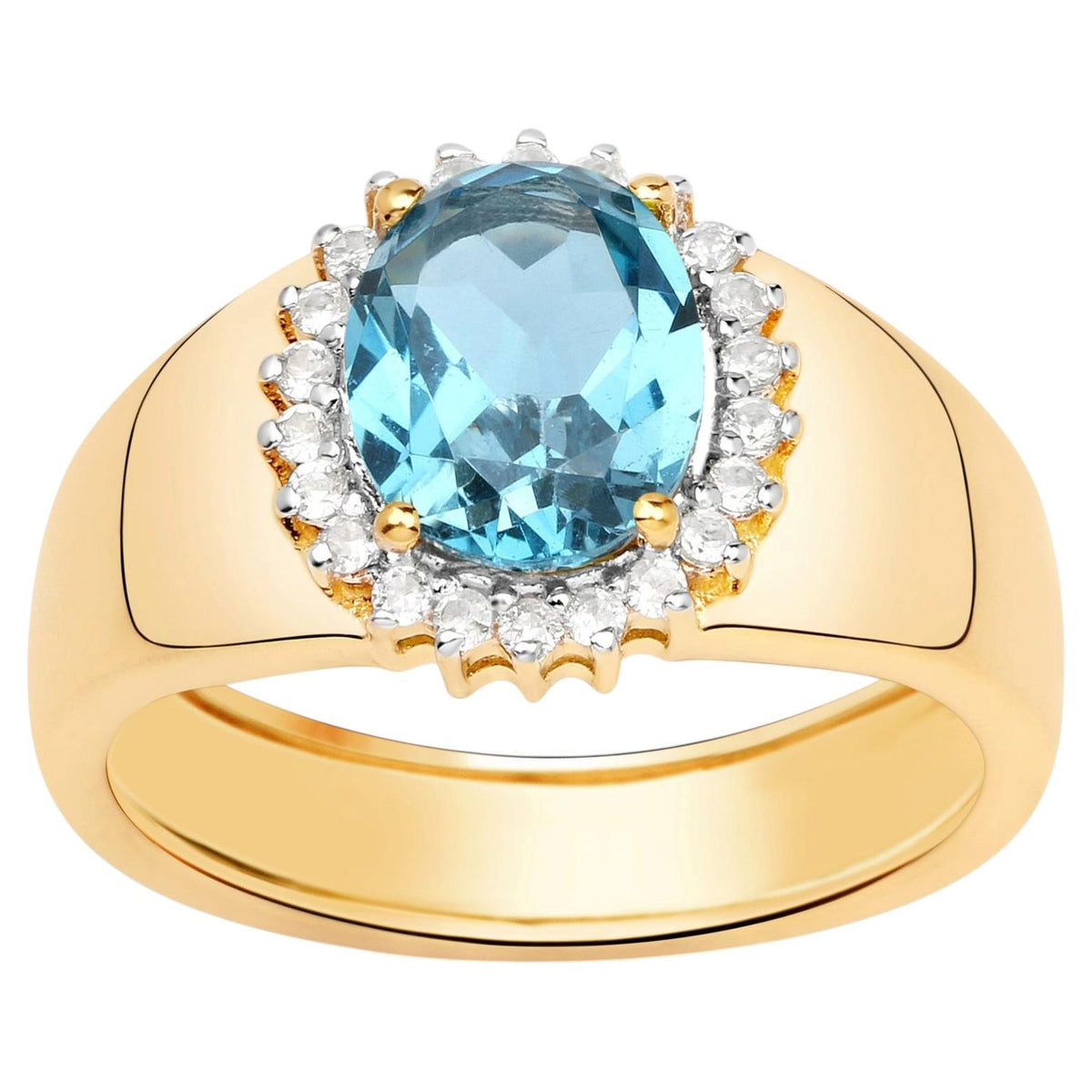 Swiss Blue Topaz Ring With White Zircon 2.18 Carats Gold Plated Silver