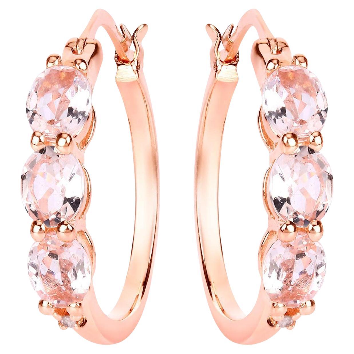 Morganite Hoop Earrings With Diamonds 1.61 Carats Gold Plated Silver