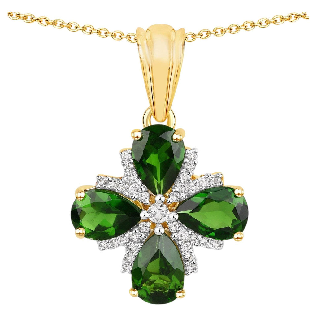 Chrome Diopside Flower Pendant With White Topaz 2.62 Carats Gold Plated Silver