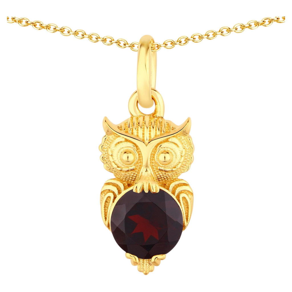 Garnet Owl Pendant 0.98 Carats Gold Plated Silver