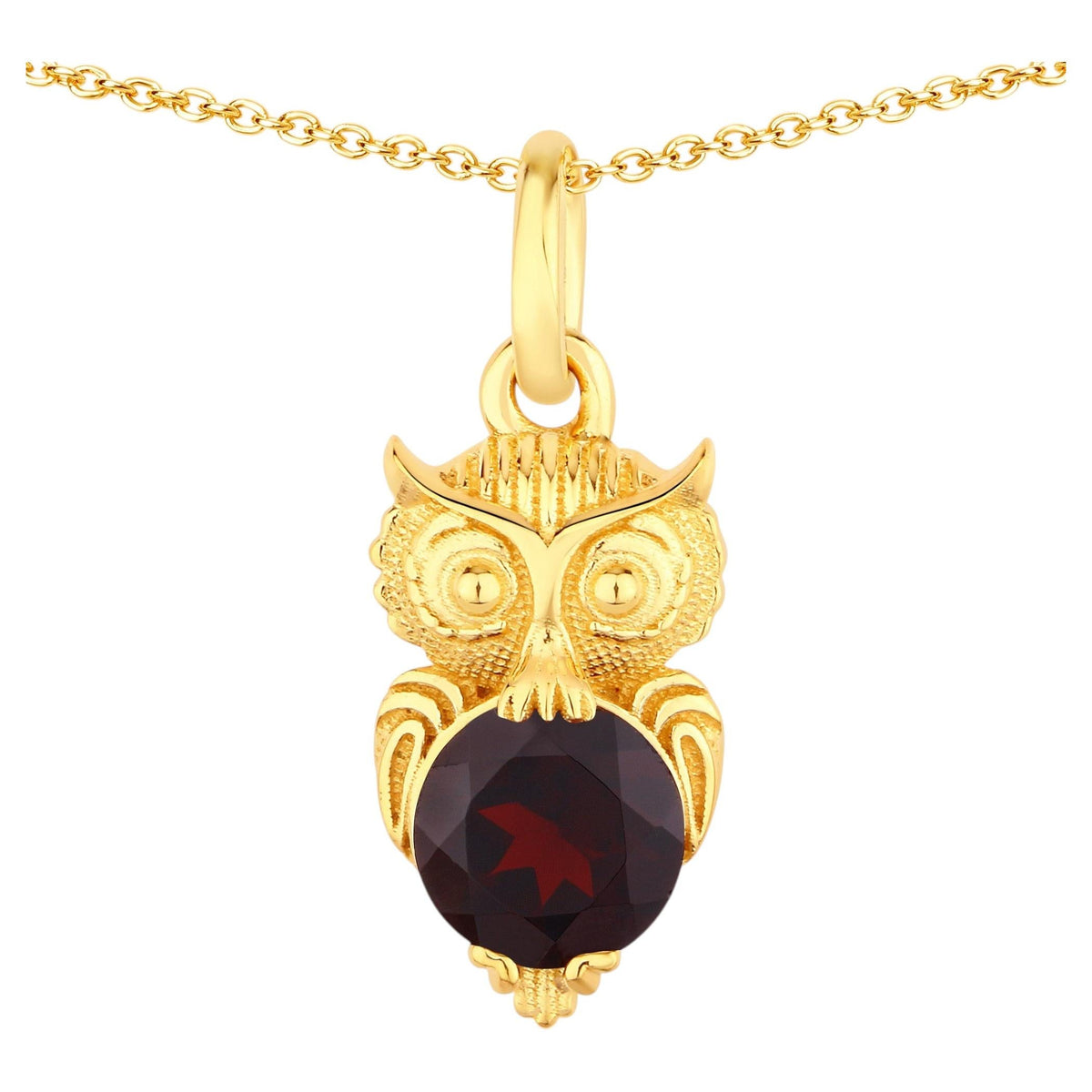 Garnet Owl Pendant 0.98 Carats Gold Plated Silver