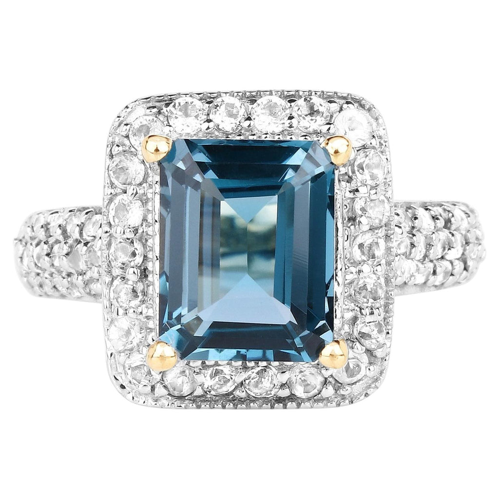 London Blue Topaz Ring With White Topaz 5.08 Carats Gold Plated Silver