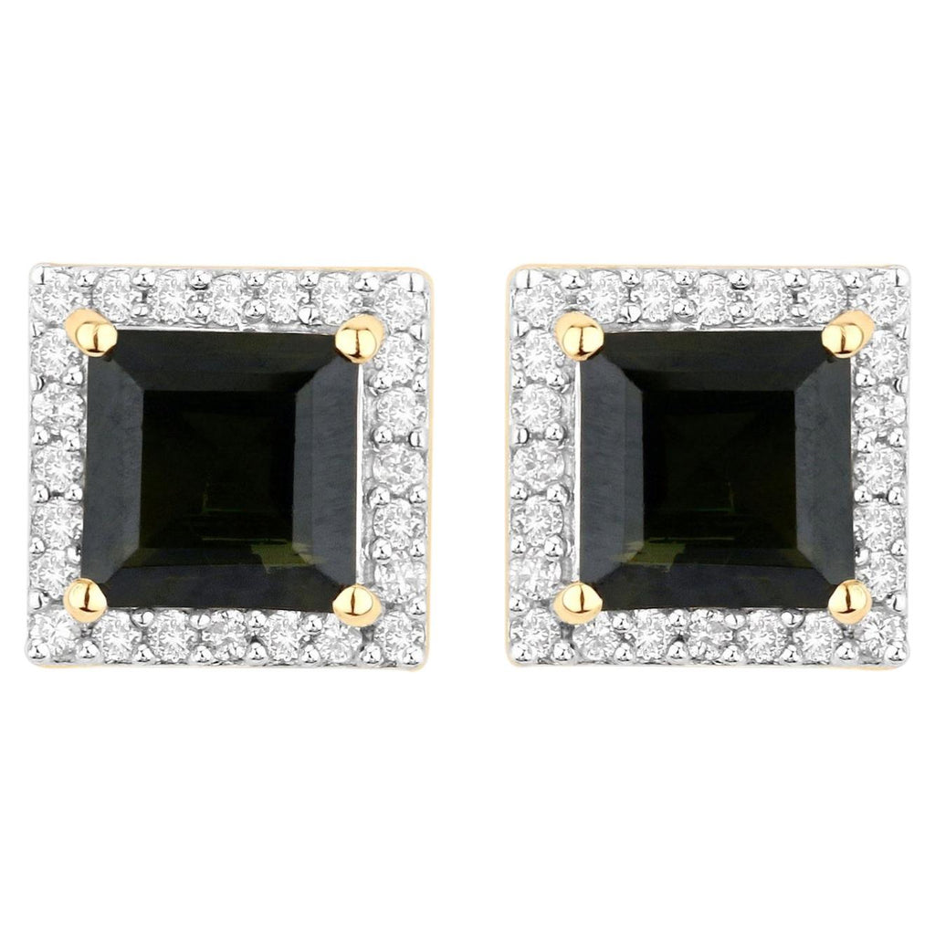Green Tourmaline Stud Earrings With Diamonds 1.52 Carats 14K Yellow Gold