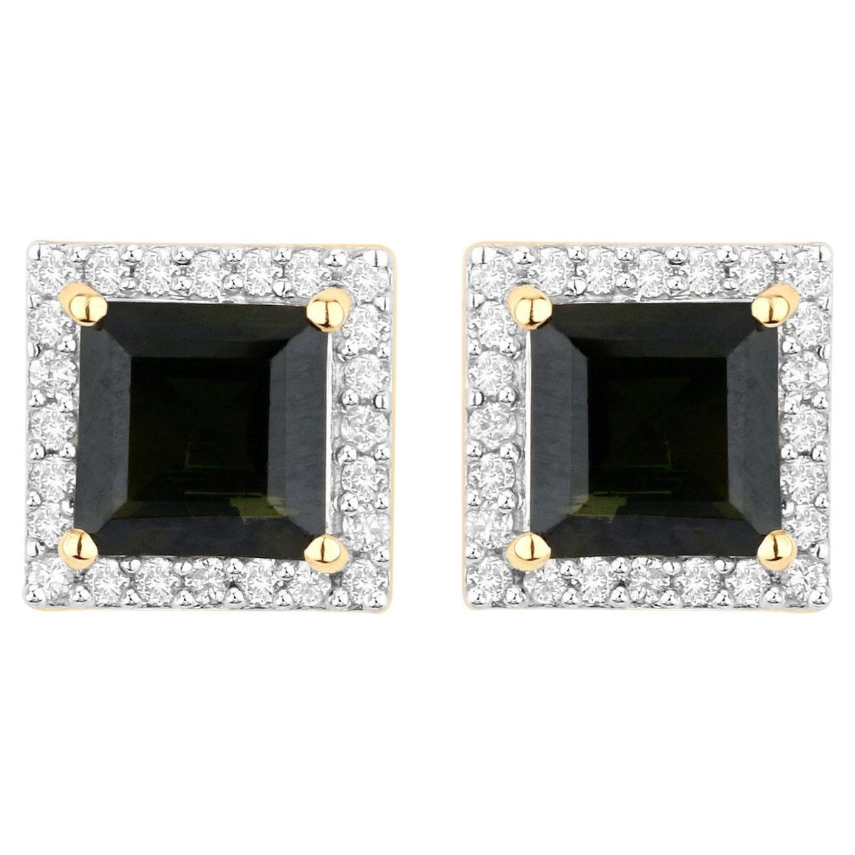 Green Tourmaline Stud Earrings With Diamonds 1.52 Carats 14K Yellow Gold