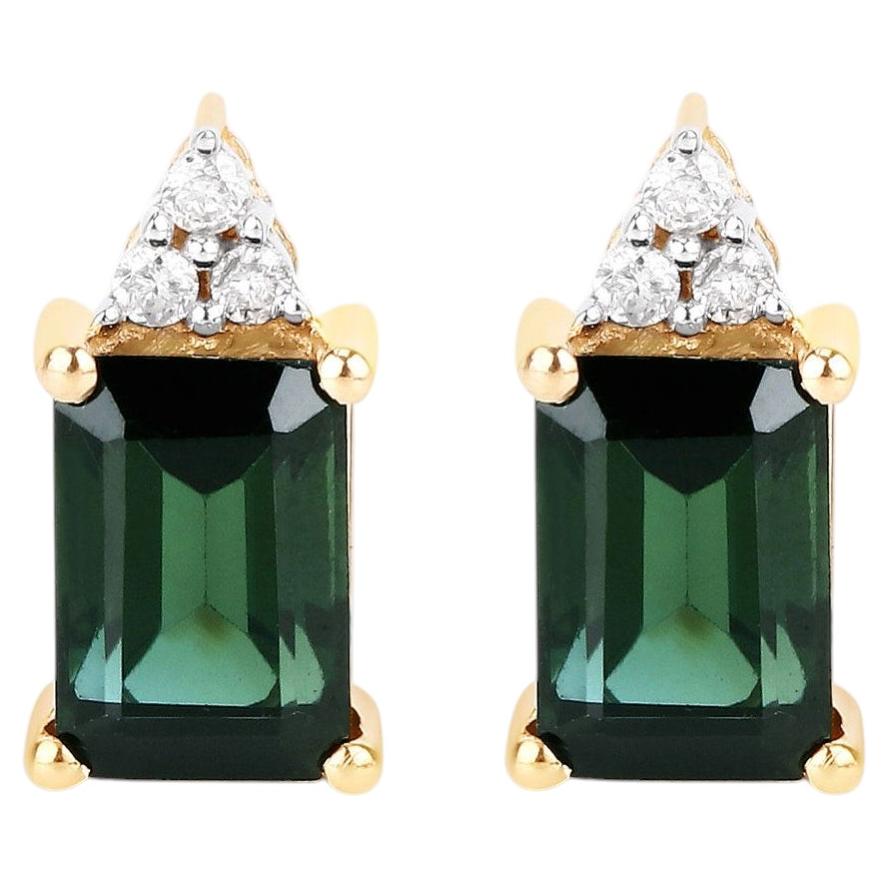 Green Tourmaline Stud Earrings With Diamonds 1.22 Carats 14K Yellow Gold