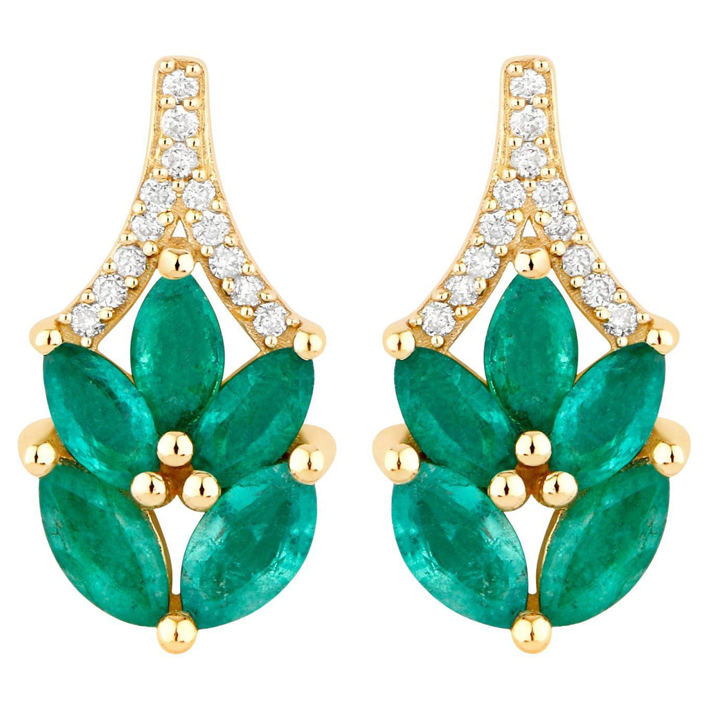 Zambian Emerald Stud Earrings With Diamonds 0.86 Carats 14K Yellow Gold