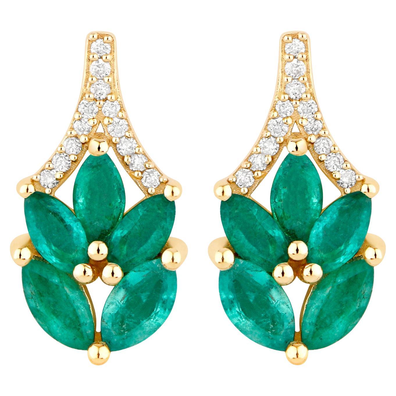 Zambian Emerald Stud Earrings With Diamonds 0.86 Carats 14K Yellow Gold