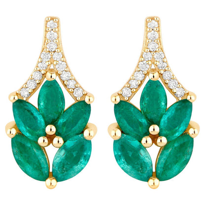 Zambian Emerald Stud Earrings With Diamonds 0.86 Carats 14K Yellow Gold