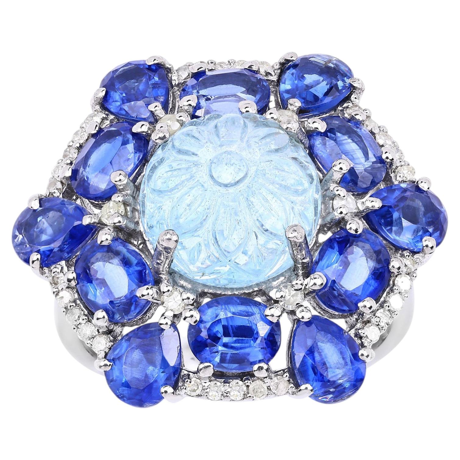 Aquamarine Ring With Kyanite 9.76 Carats Sterling Silver