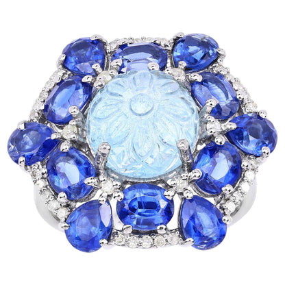Aquamarine Ring With Kyanite 9.76 Carats Sterling Silver