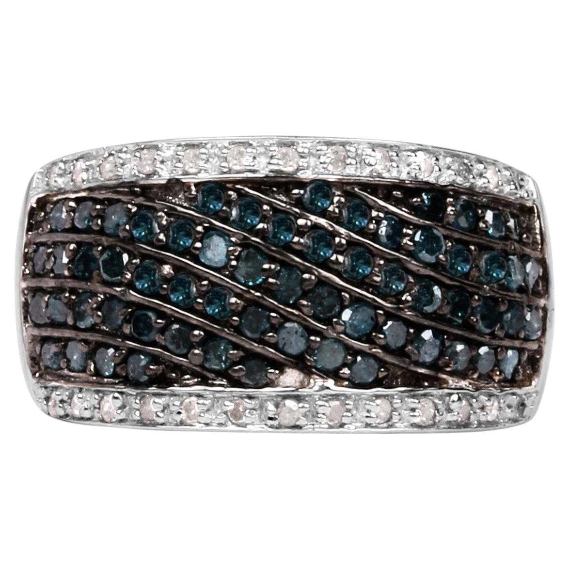 Blue Diamond Ring With White Diamonds 0.78 Carats Sterling Silver