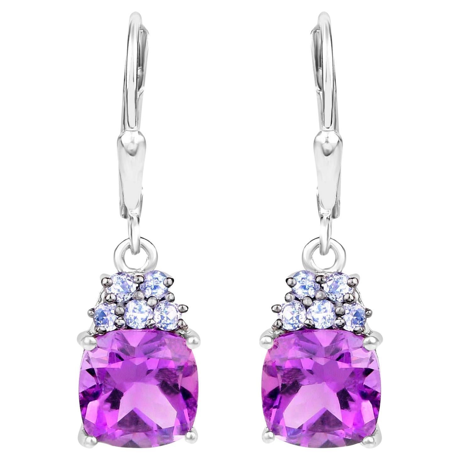 Amethyst Earrings Withl Tanzanite 3.92 Carats Sterling Silver