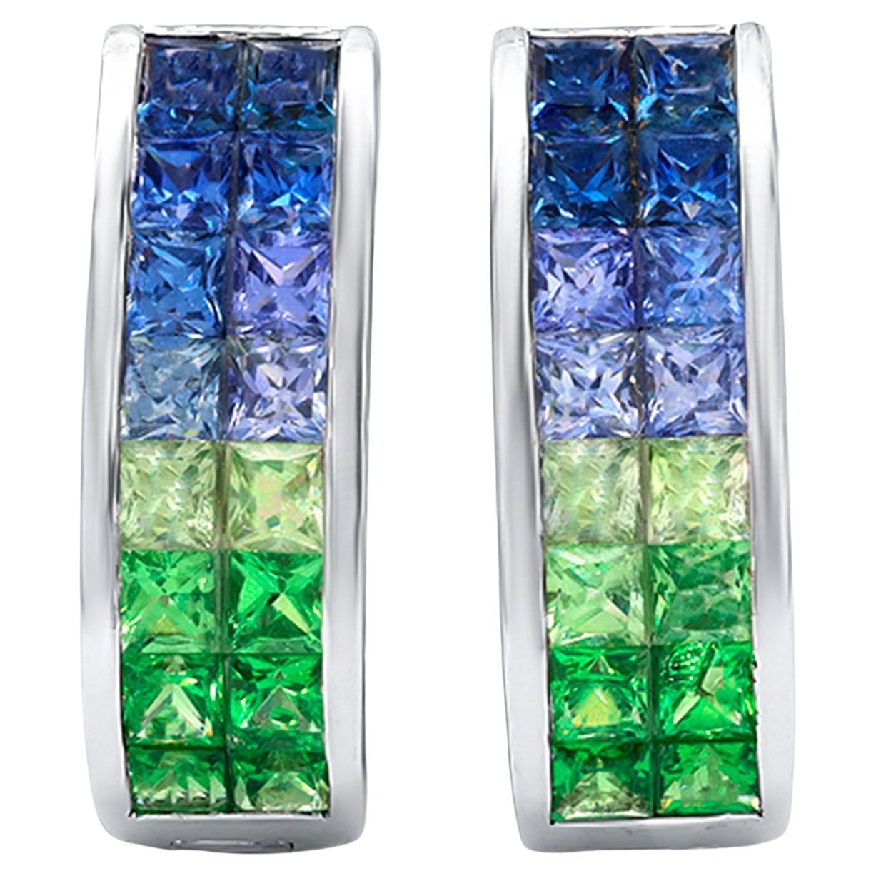 Sapphires and Tsavorites Hoop Earring 3.5 Carats 18K White Gold