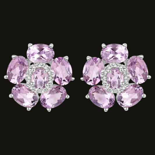 Pink Amethyst Floral Earrings 7.7 Carats 18K White Gold Plated Sterling Silver