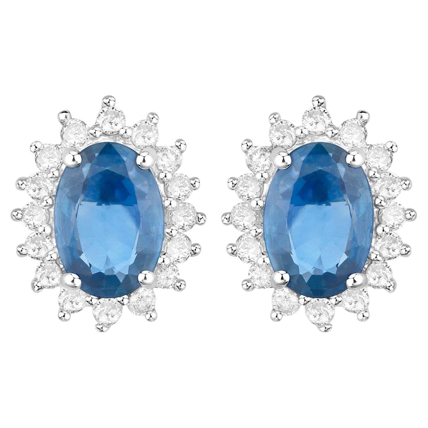 Blue Sapphire Earrings Halo Diamonds 2.2 Carats 14K White Gold