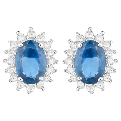 Blue Sapphire Earrings Halo Diamonds 2.2 Carats 14K White Gold