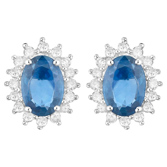 Blue Sapphire Earrings Halo Diamonds 2.2 Carats 14K White Gold