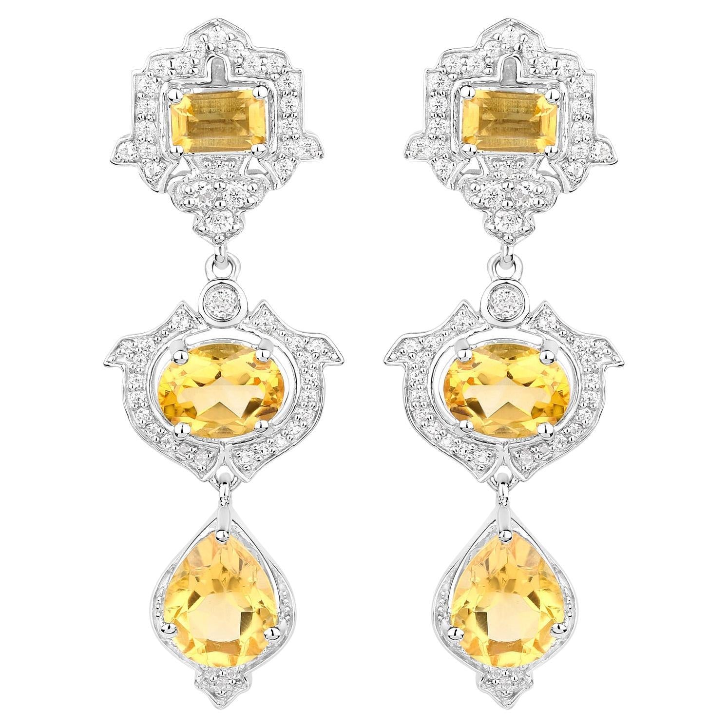 Citrine Earrings With White Topaz 6.6 Carats Sterling Silver
